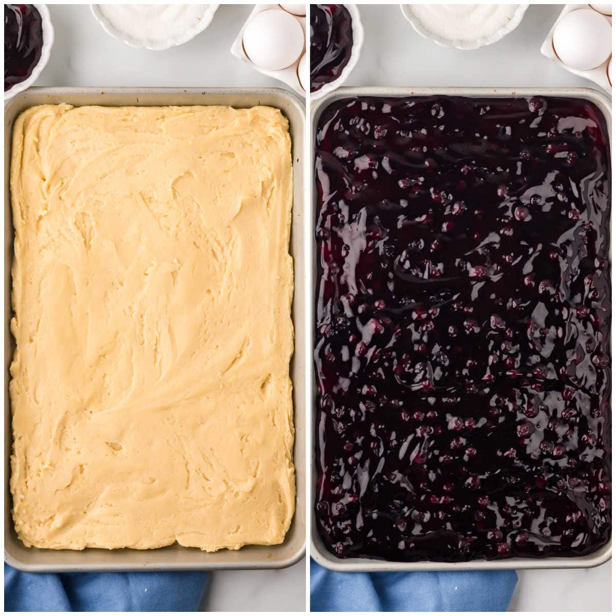 Collage of spreading batter on a cookie sheet and adding the pie filling topping.