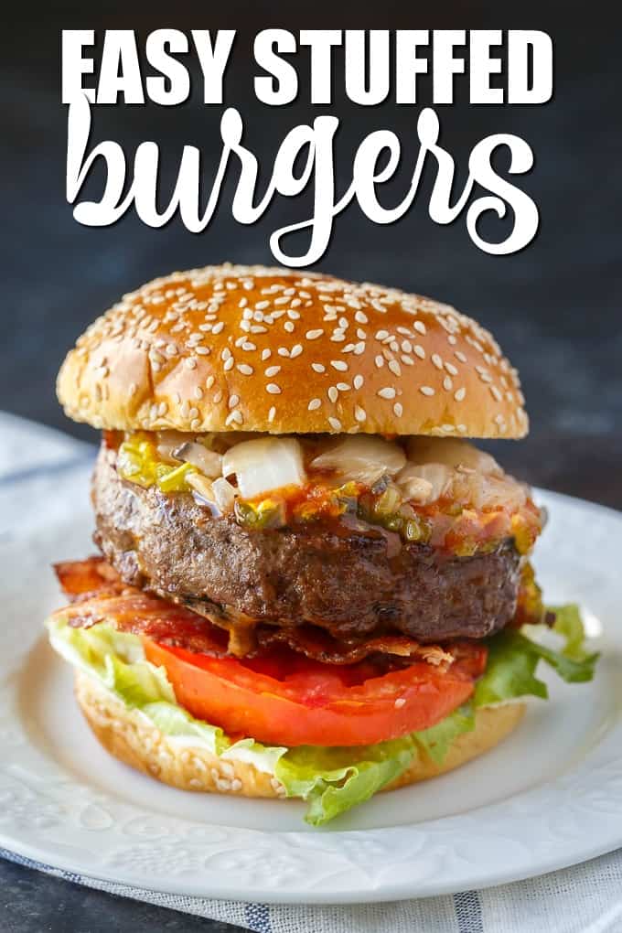 Easy Stuffed Burgers - The easiest stuffed burgers you'll ever make! Tender, juicy and flavorful beef patties are stuffed with cheddar cheese, mushrooms and onions. 