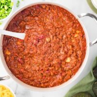 The recipe in a pot with a ladle.
