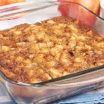 Nobby apple cake in a pan.