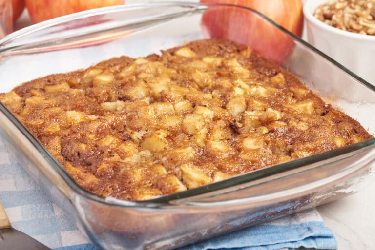 Nobby apple cake in a pan.