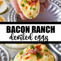 Bacon Ranch Deviled Eggs - A delicious savoury twist on classic deviled eggs! The filling is a divine mixture of creamy ranch dressing, bacon, Dijon mustard and chives.