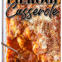 Pierogi Casserole - This baked casserole is a super easy dinner recipe perfect for busy weeknights. Made with frozen pierogis, mushrooms, onions, pasta sauce and topped with Parmesan cheese. It's a family favorite comfort food!