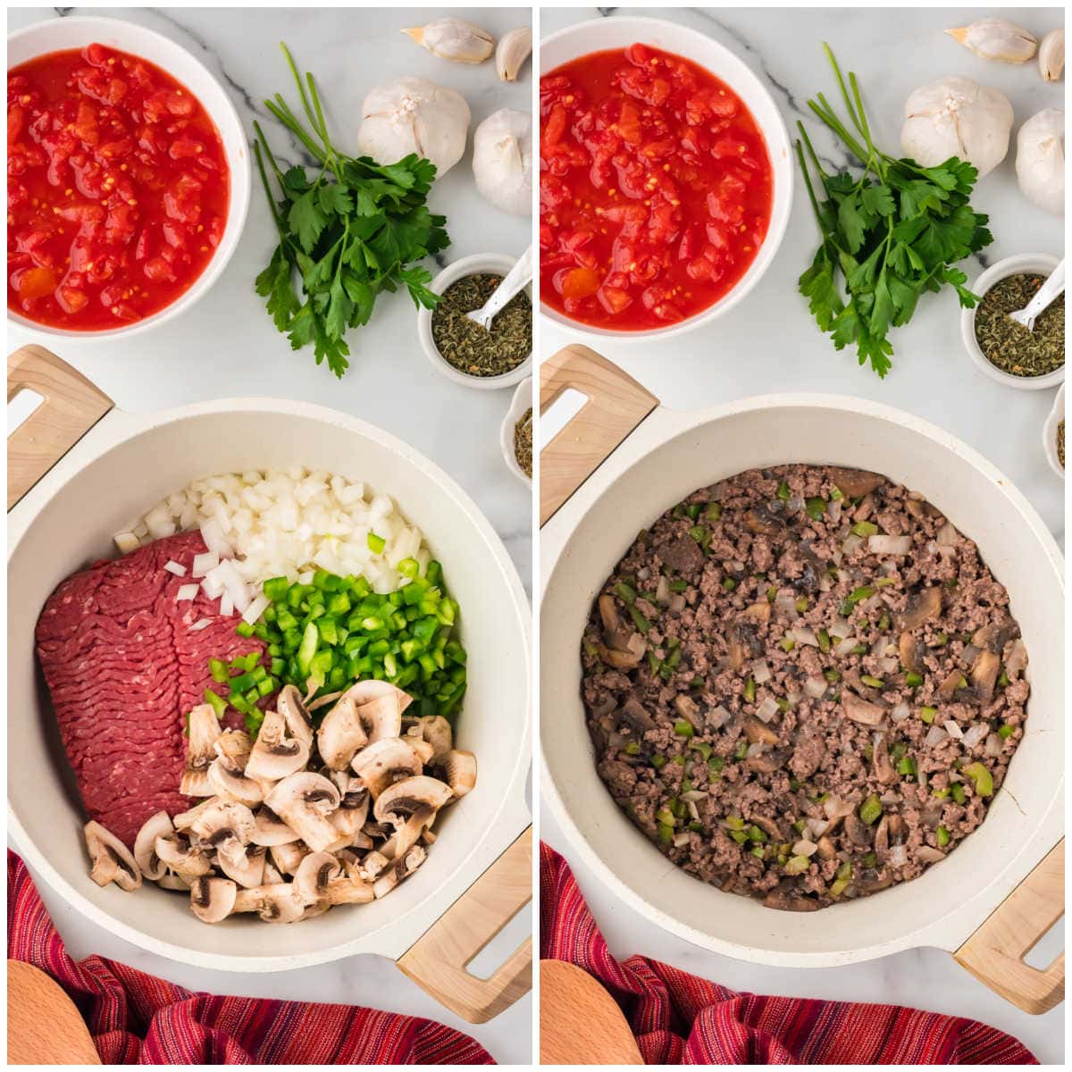 Collage of cooking the beef and veggies in a pot.