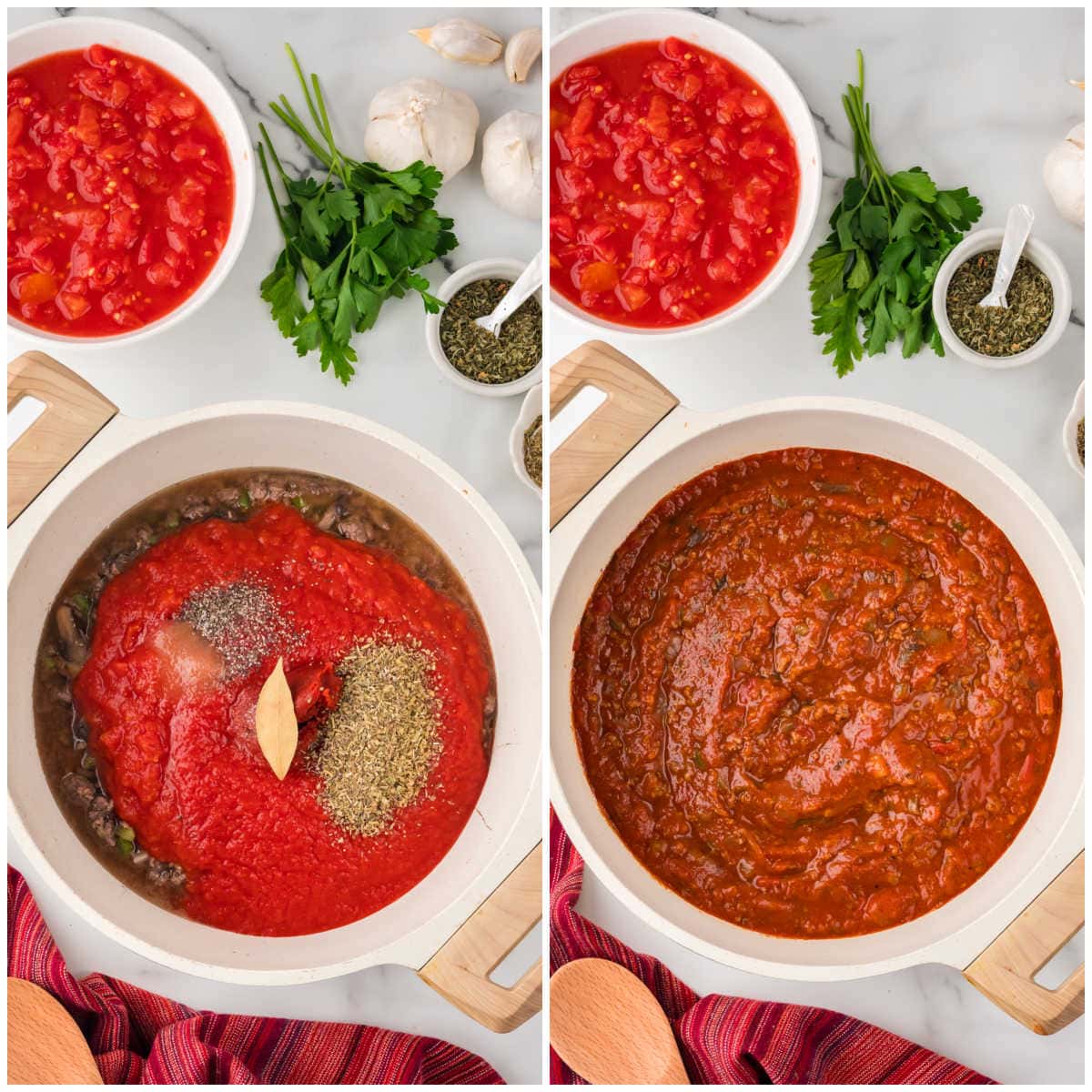 Collage of making the sauce in a pot.