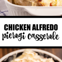 Chicken Alfredo Pierogi Casserole - Everyone who tries this easy baked casserole made from frozen pierogies raves about how amazing it is! This comfort food dinner recipe is loaded with chicken, bacon, Alfredo sauce, onions, mushrooms and pierogies.