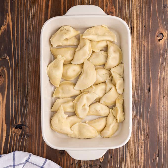 pierogies in a casserole dish