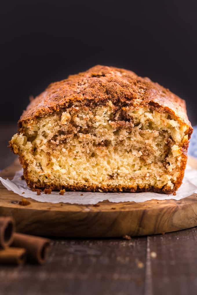 Cinnamon Bread - This homemade quick bread recipe is so simple and incredibly moist with swirls of cinnamon and brown sugar throughout. It's perfect for breakfast, dessert or a snack and even makes a nice Christmas gift.