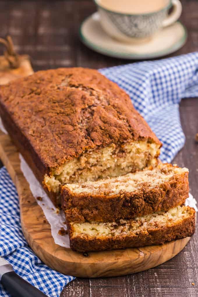 Cinnamon Bread - This homemade quick bread recipe is so simple and incredibly moist with swirls of cinnamon and brown sugar throughout. It's perfect for breakfast, dessert or a snack and even makes a nice Christmas gift.