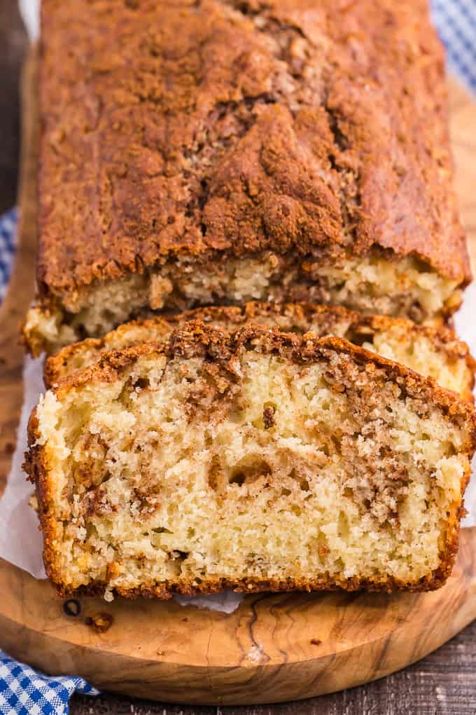 Cinnamon Bread - This homemade quick bread recipe is so simple and incredibly moist with swirls of cinnamon and brown sugar throughout. It's perfect for breakfast, dessert or a snack and even makes a nice Christmas gift.