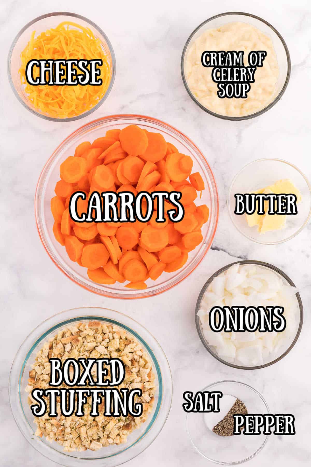 Carrot Casserole ingredients in bowls