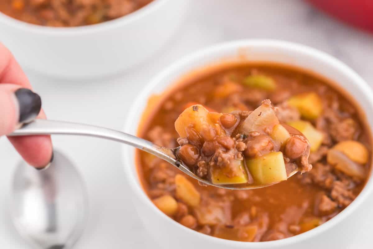 Hodge Podge Soup - A hearty soup recipe like grandma used to make. It's a clean out your kitchen kind of meal with two cans of soup, pork and beans, ground beef and celery. Perfect for busy days!