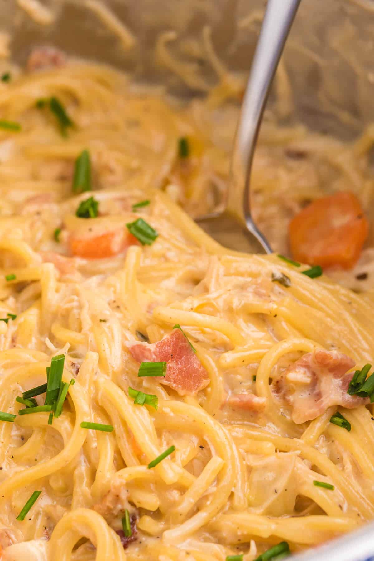 Crack Chicken Spaghetti Recipe - One bite and you'll be hooked! This easy and delicious dinner recipe is creamy, cheesy and addictive. It's loaded with chicken, bacon, veggies and spaghetti noodles in a flavorful cream cheese based sauce.