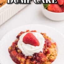 Strawberry Dump Cake Recipe - Only 4 ingredients in this simple sweet dessert! Cake mix and strawberry pie filling come together to make a luscious strawberry cake with little effort. One of the easiest dump cake recipes ever!