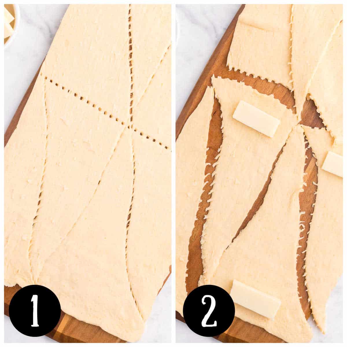 Collage of the crescent roll dough on a wooden cutting board.