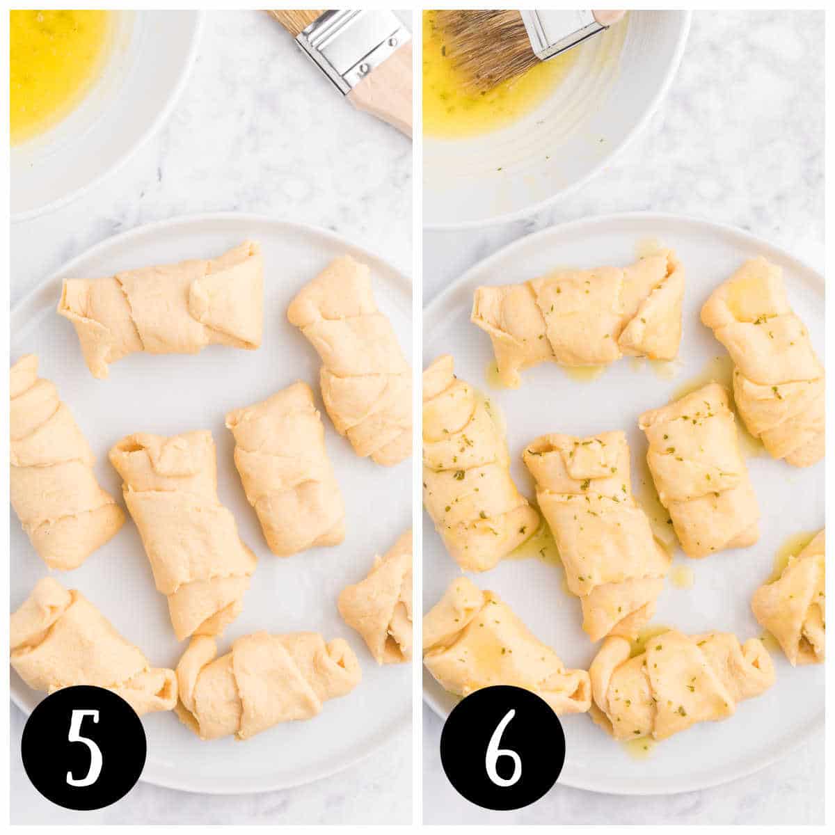 Collage of brushing the rolls with garlic butter.