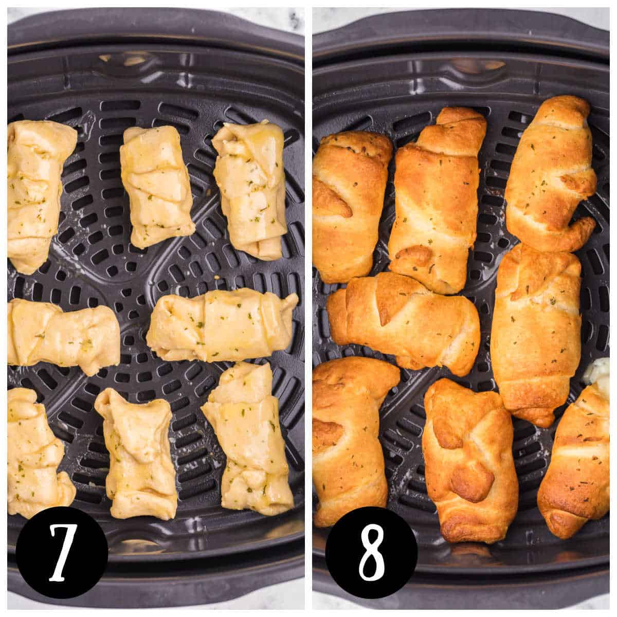 Collage of cooking the recipe in the air fryer.
