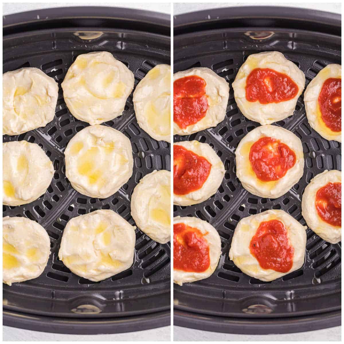 Air Fryer Pizza Buns being prepped in the air fryer.