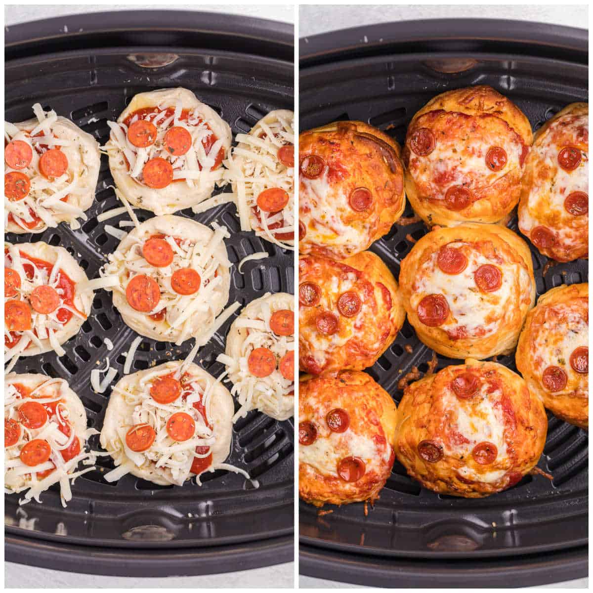 Air Fryer Pizza Buns being prepared in an air fryer basket.