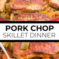 Pork Chop Skillet Dinner Recipe - A simple and delicious one-pan meal! Pork chops are cooked to perfection with potatoes, carrots, onions and green pepper in a tomato sauce with a kick.