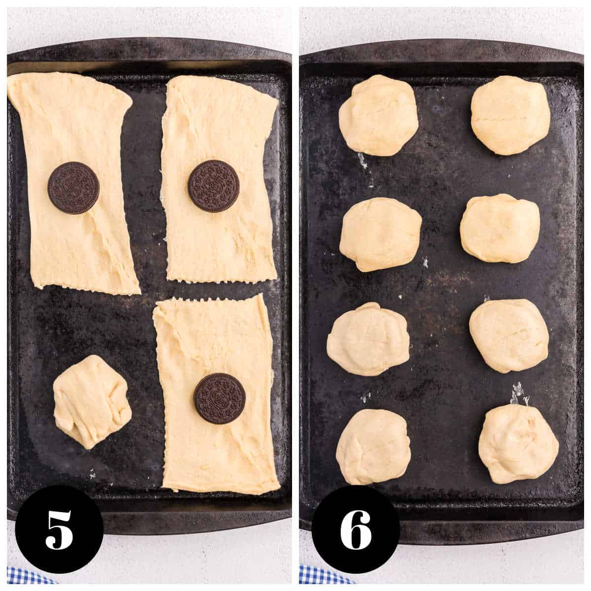 Collage of folding the Oreo in the dough.