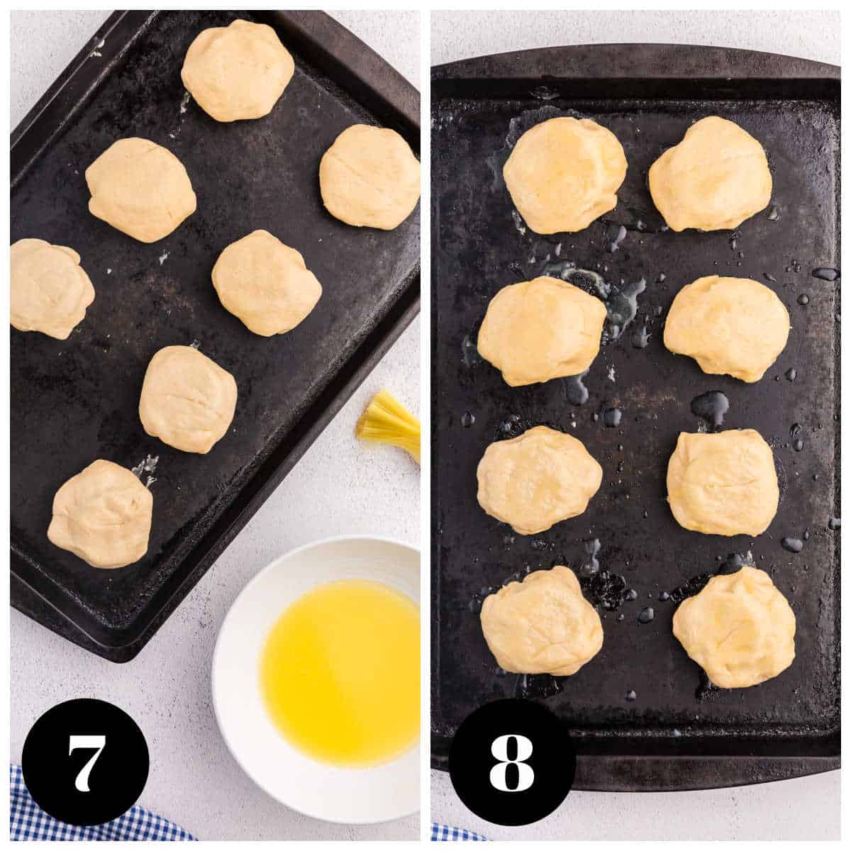 Collage of brushing the dough in the butter mixture.