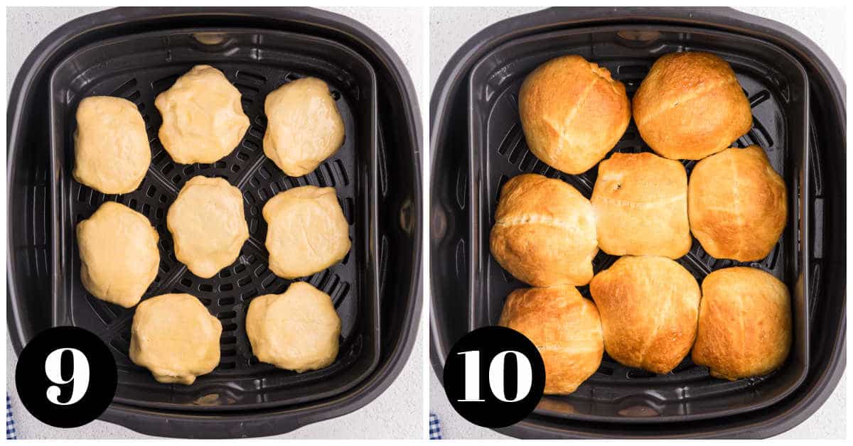 The recipe in air fryer basket, uncooked and cooked.