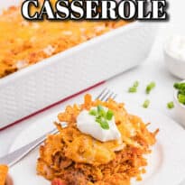 Doritos Casserole Recipe - Take Mexican night to a whole new level with this easy taco bake recipe. Made with ground beef, sour cream, spices and loads of cheese, it's zesty with hearty Tex Mex flavor. A yummy dinner recipe your family will love!