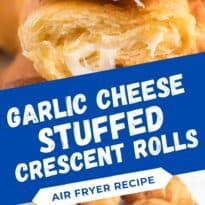 Air Fryer Garlic Cheese Stuffed Crescent Rolls Recipe - Use your air fryer to make this quick and easy snack or appetizer. Pillsbury crescent roll dough is brushed with garlic butter and wrapped around mozzarella cheese. Warning: they are addictive!