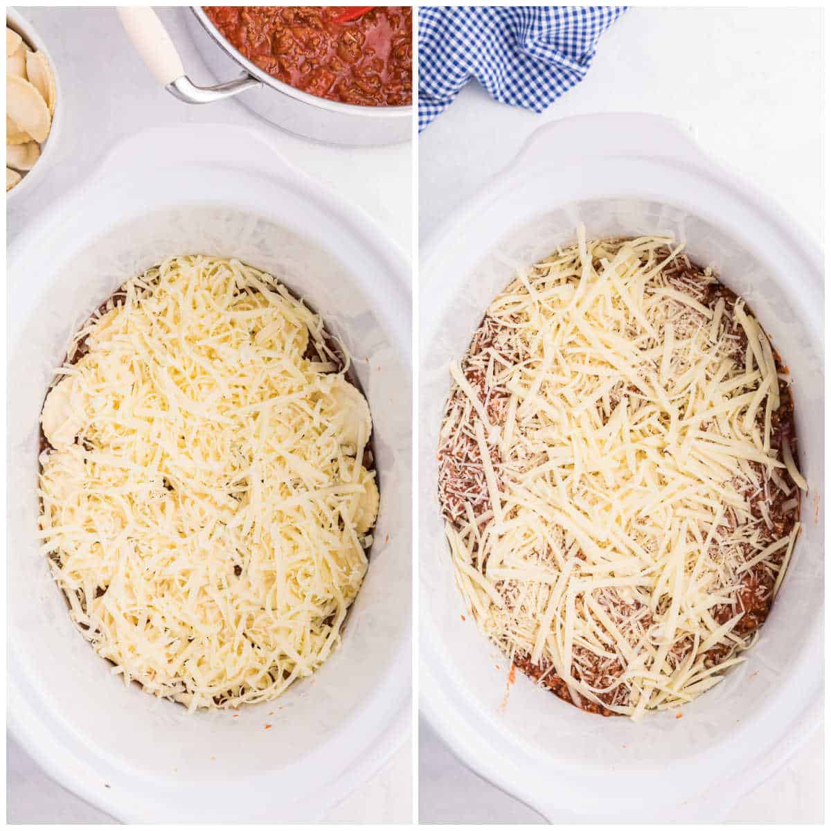 Steps to make slow cooker ravioli lasagna.