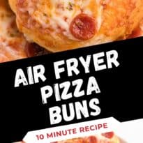 Air Fryer Pizza Buns - This simple recipe is perfect for snacking, an appetizer or for your kids' school lunch. Air fried to golden perfection, these savory buns are easy to make with refrigerated dough, pizza sauce, mozzarella cheese and pepperoni.