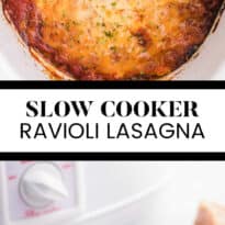 Slow Cooker Ravioli Lasagna - This Lazy Lasagna is a super easy Crockpot recipe made with frozen ravioli, homemade tomato sauce with beef and loads of cheese. You'll love all the cheesy, hearty layers. Plus, it's freezer friendly!