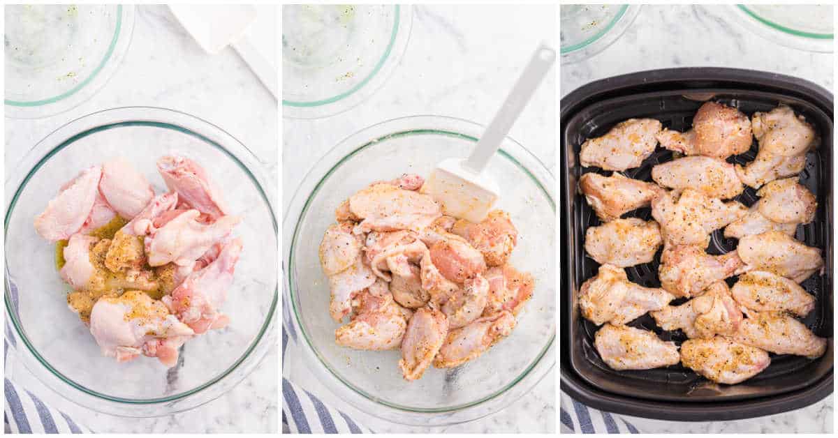 Collage of tossing the wings in the sauce and cooking in the air fryer.
