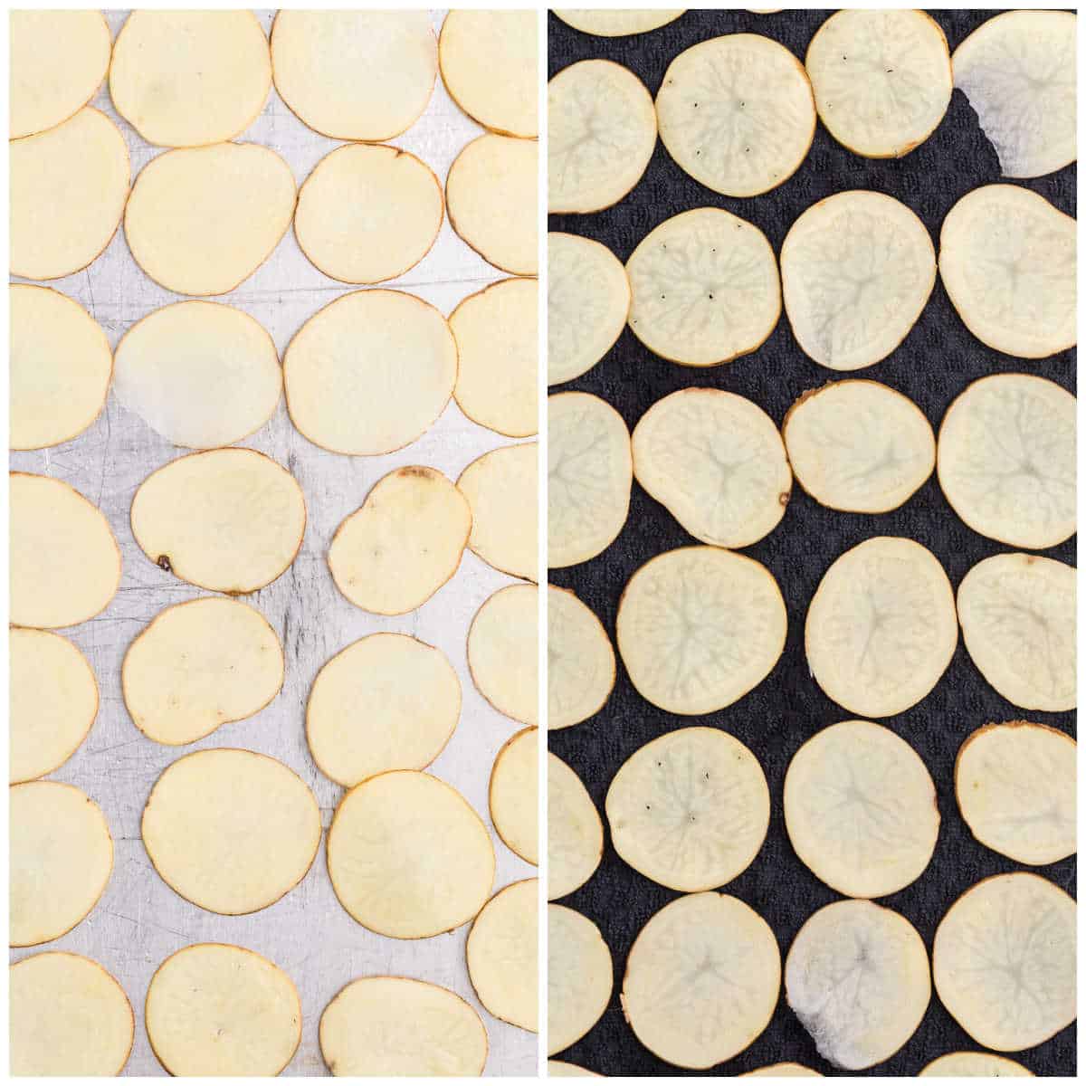 Collage of the potato slices laid out on a pasty mat and baking sheet.