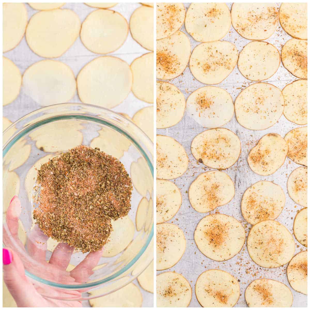 Collage of the seasoning in a bowl and sprinkled on the potato slices.