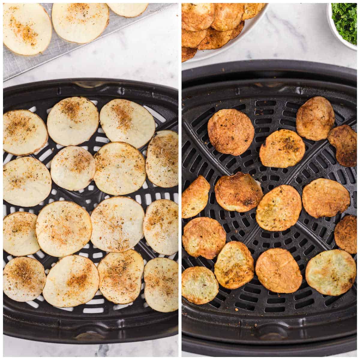 Collage of cooking the recipe in the air fryer.