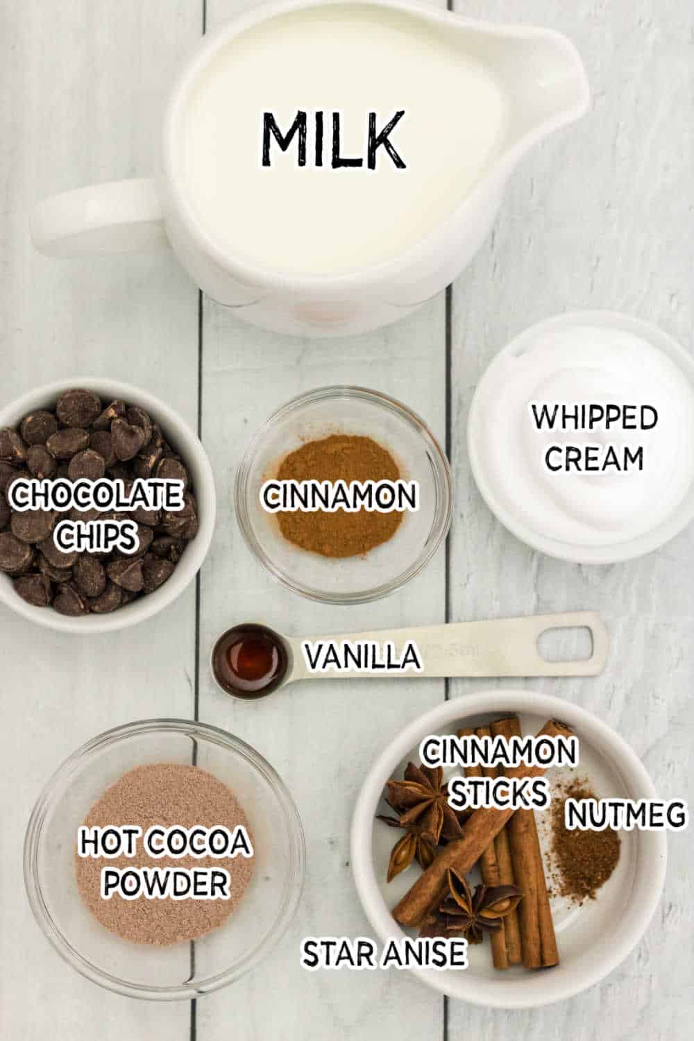 Ingredients on a white wood background.