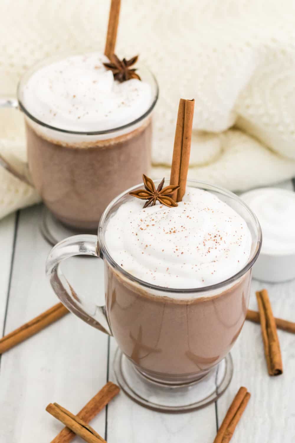 cinnamon hot chocolate in glass mugs