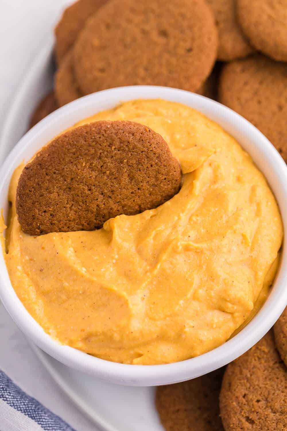 close up of pumpkin pie dip with a ginger cookie in it