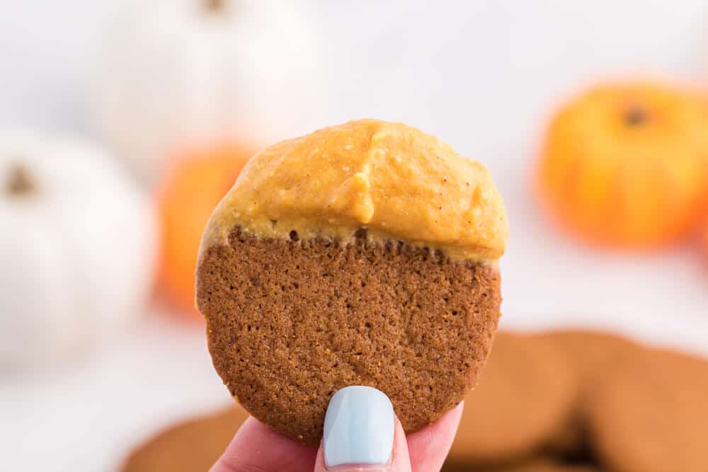 A hand holding a ginger cookie with pumpkin pie dip on it
