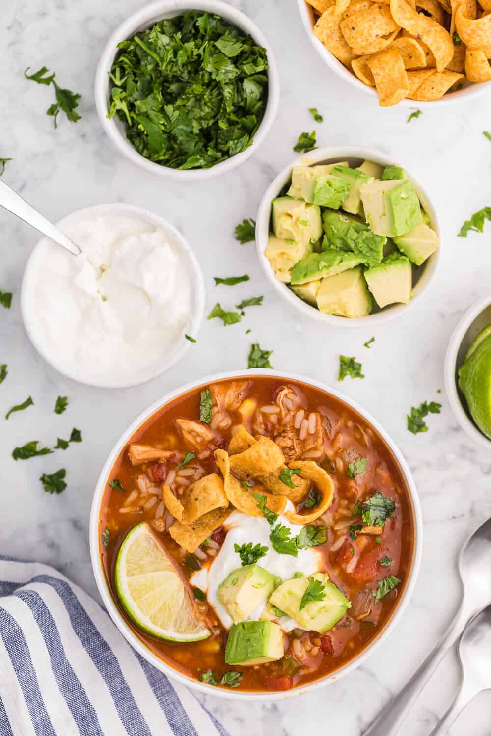 A bowl of southwest chicken and rice soup