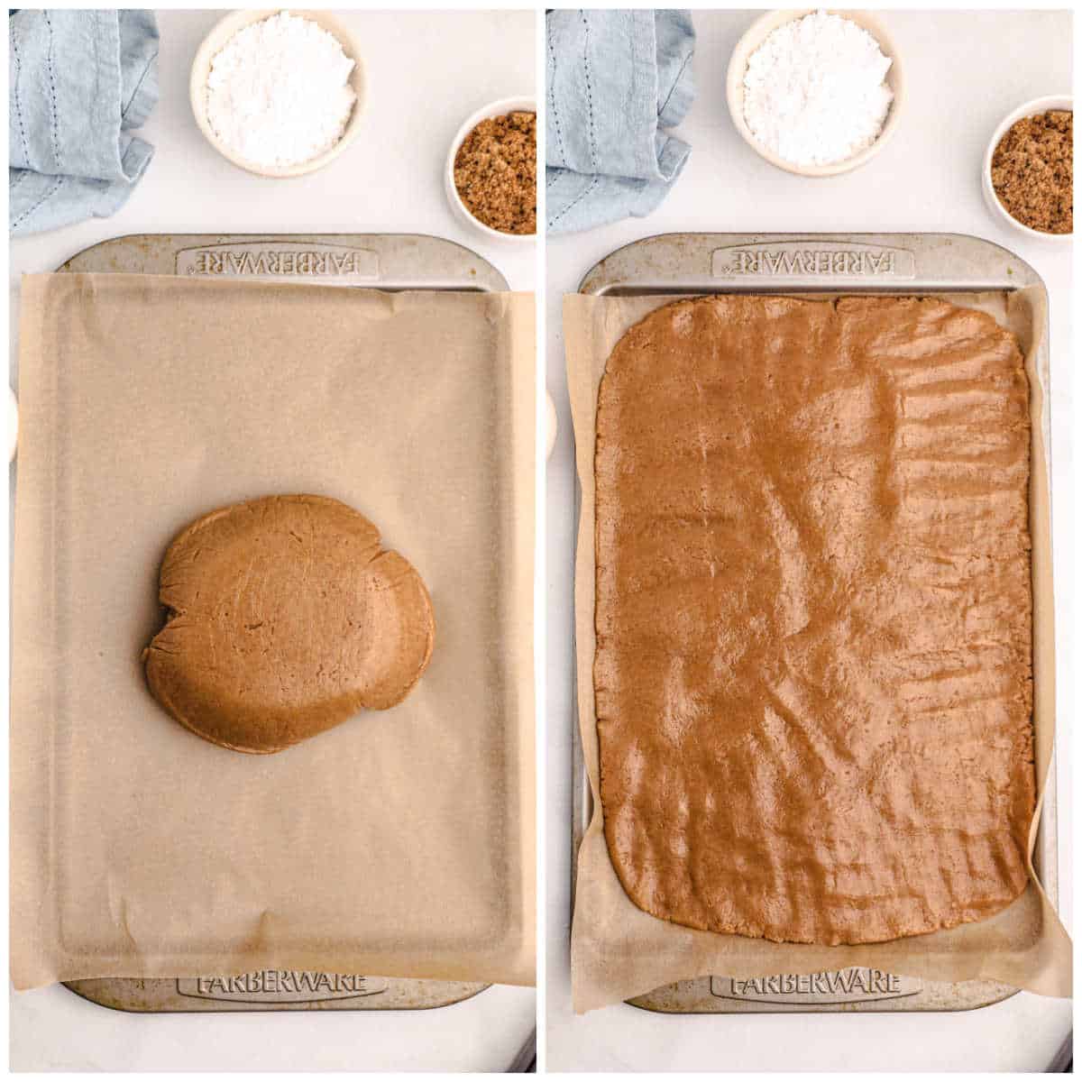 cinnamon roll cookie dough on a baking sheet