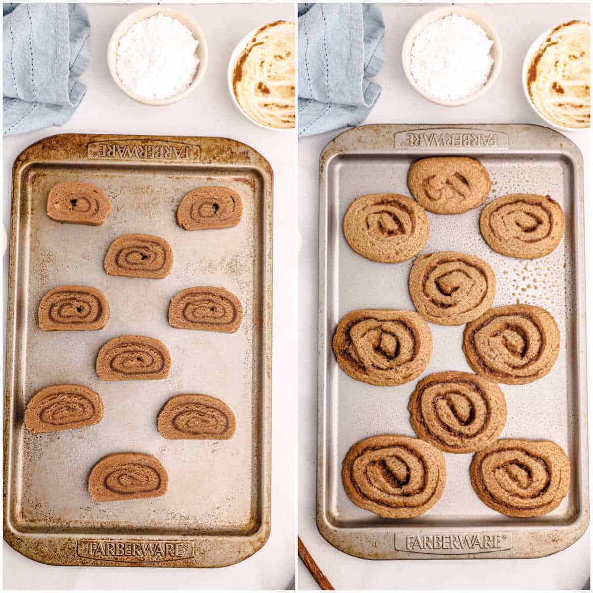 cinnamon roll cookies on a baking sheet, unbaked and baked