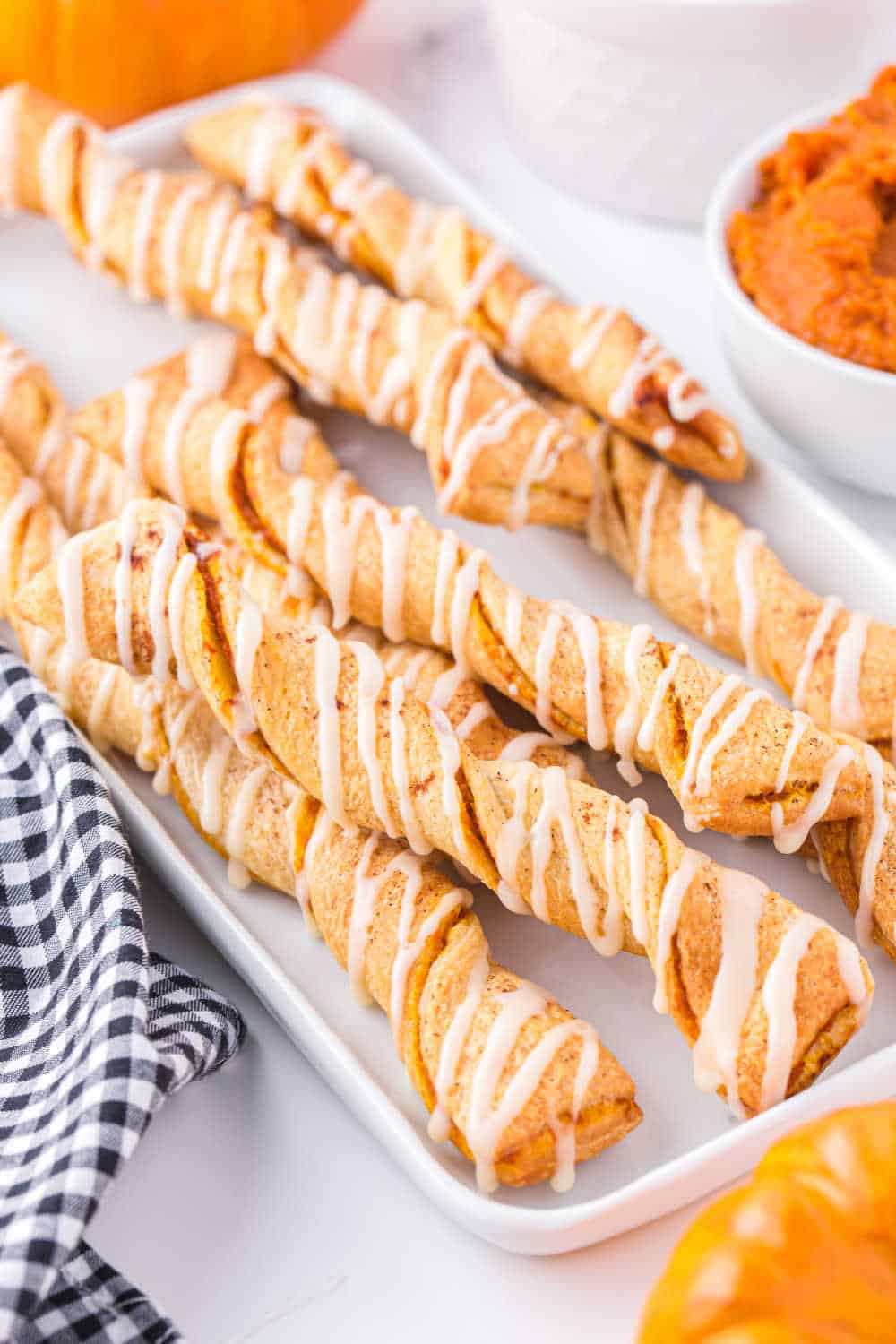 A white platter with air fryer pumpkin pie twists