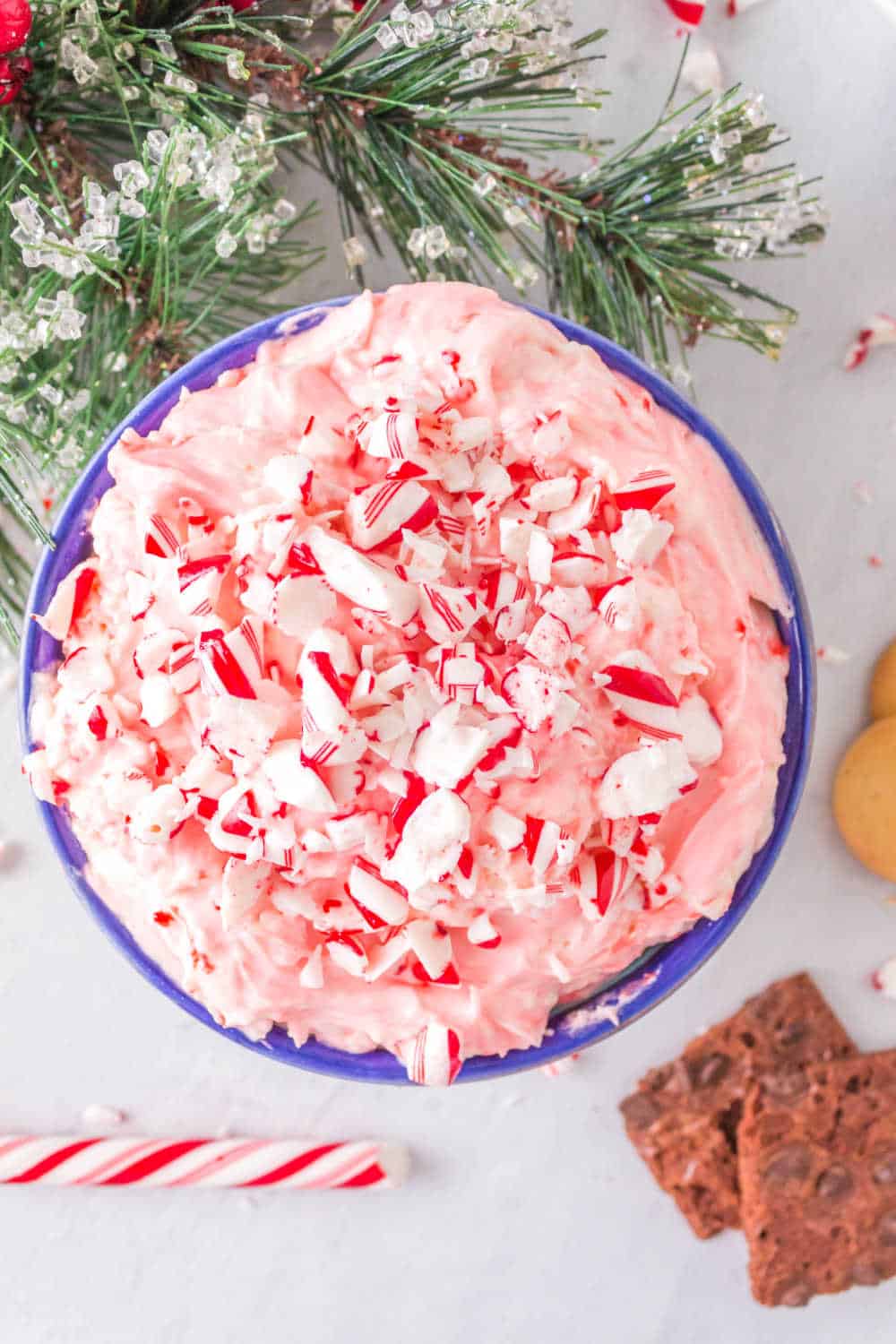 candy cane dip with christmas decor surrounding it