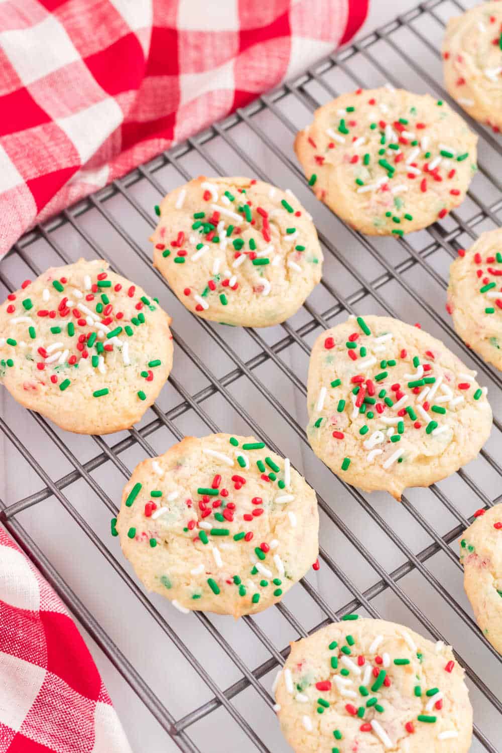 christmas cake mix cookies on a cooling rack