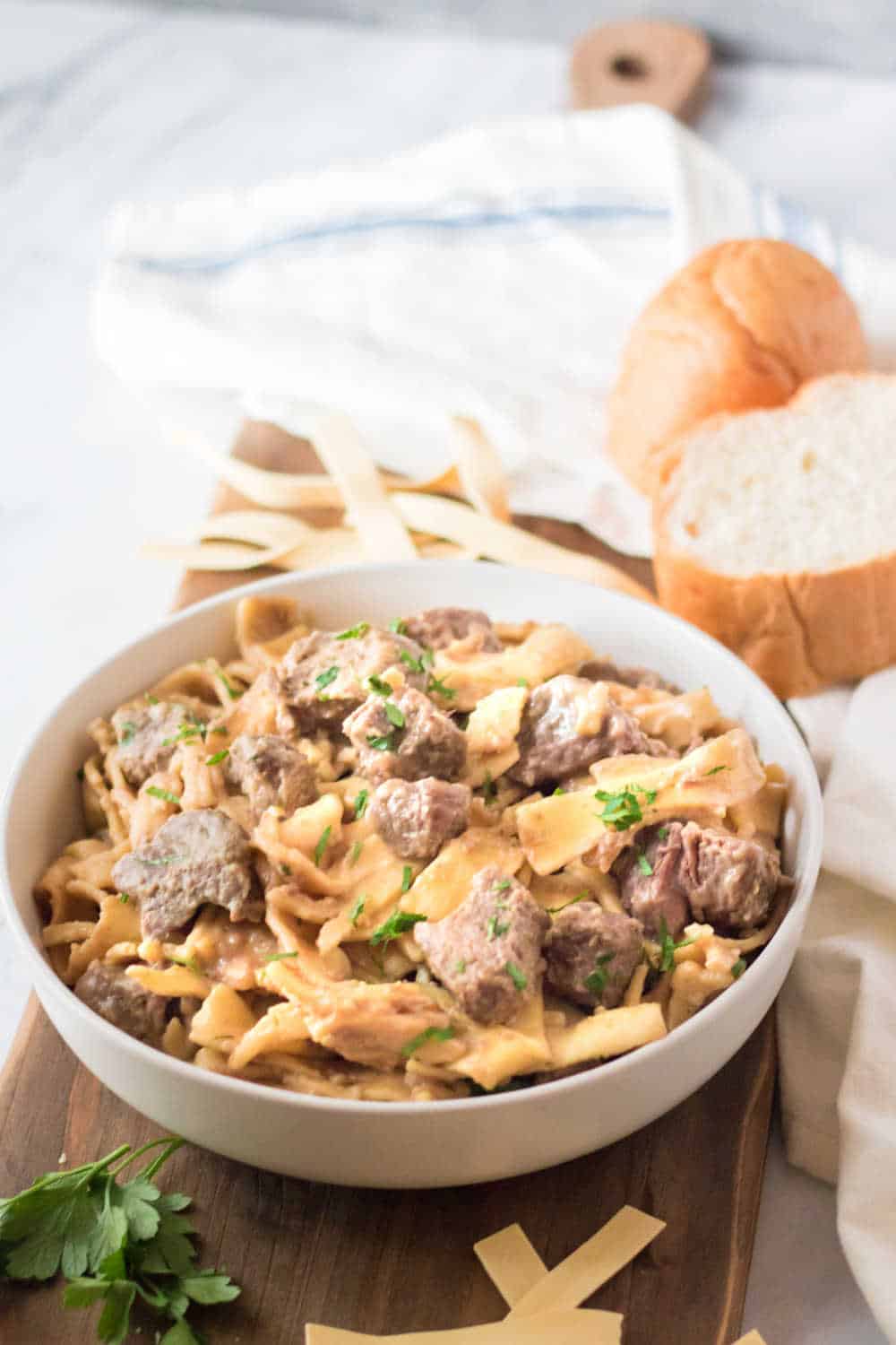 beef and noodles in a serving bowl