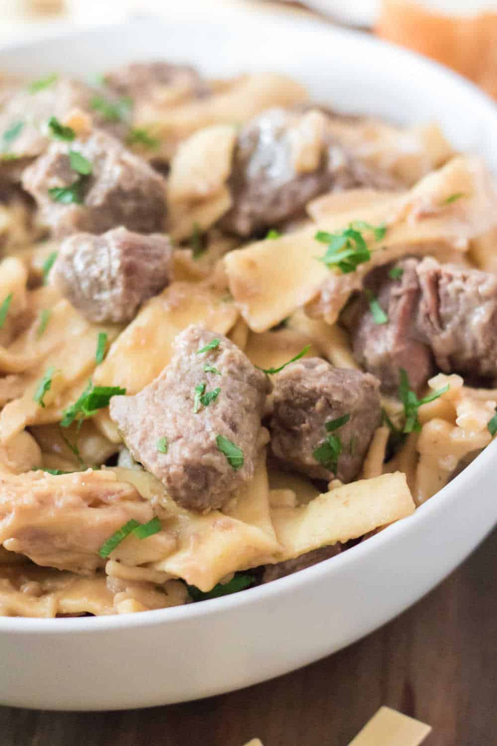 close up of beef and noodles