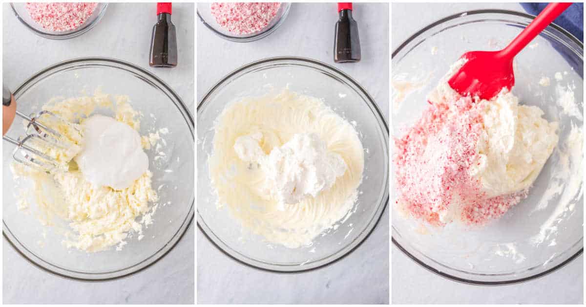 images showing the process of making candy cane dip