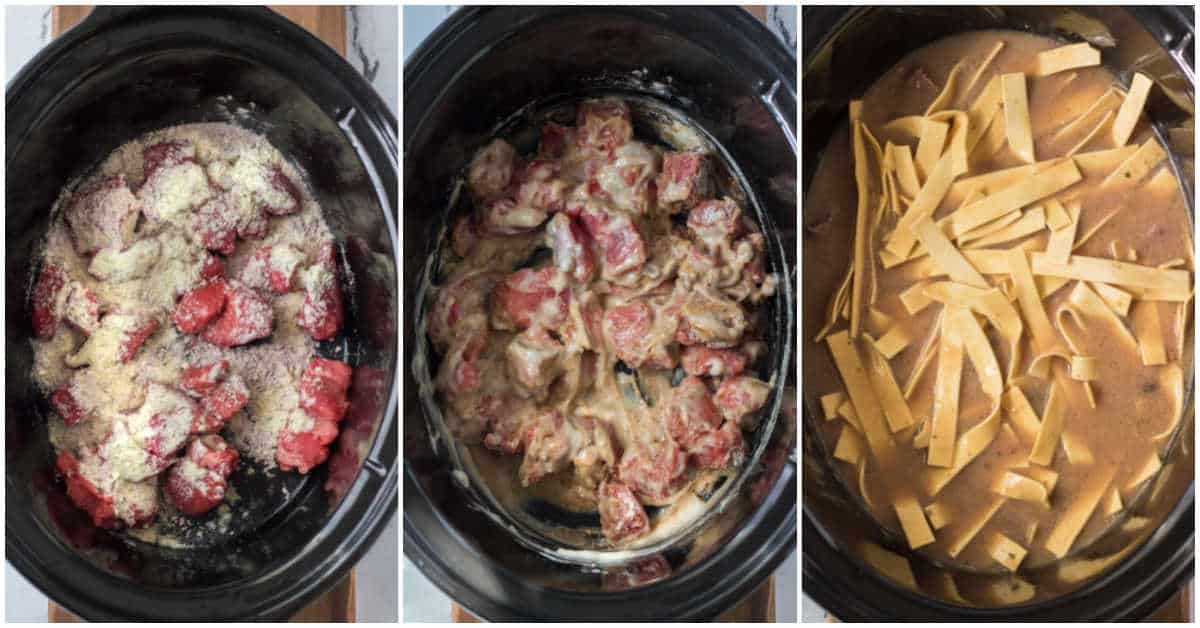 prep photos showing the process of making slow cooker beef and noodles